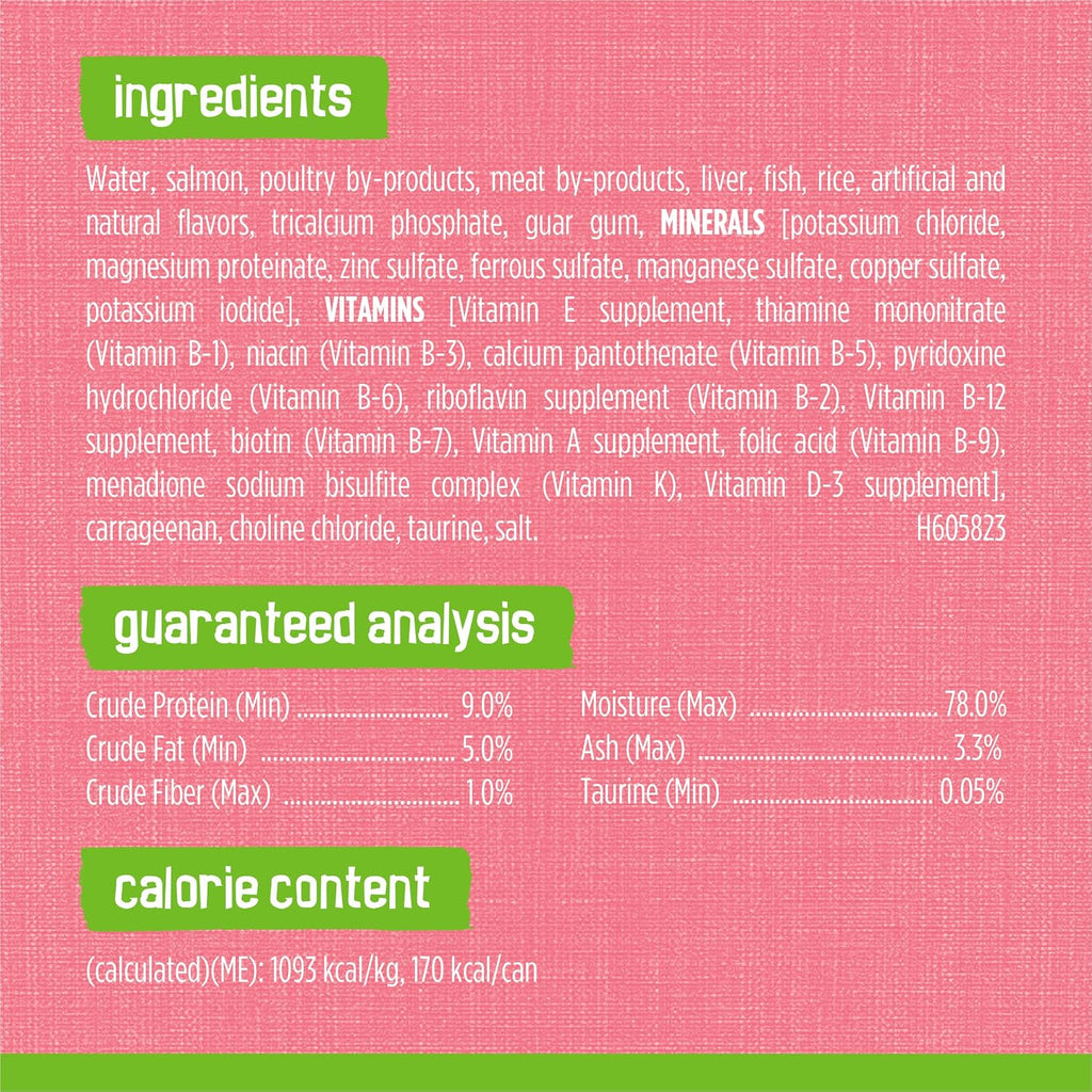 Nutritional information and ingredient panel printed on the side of the cat food can