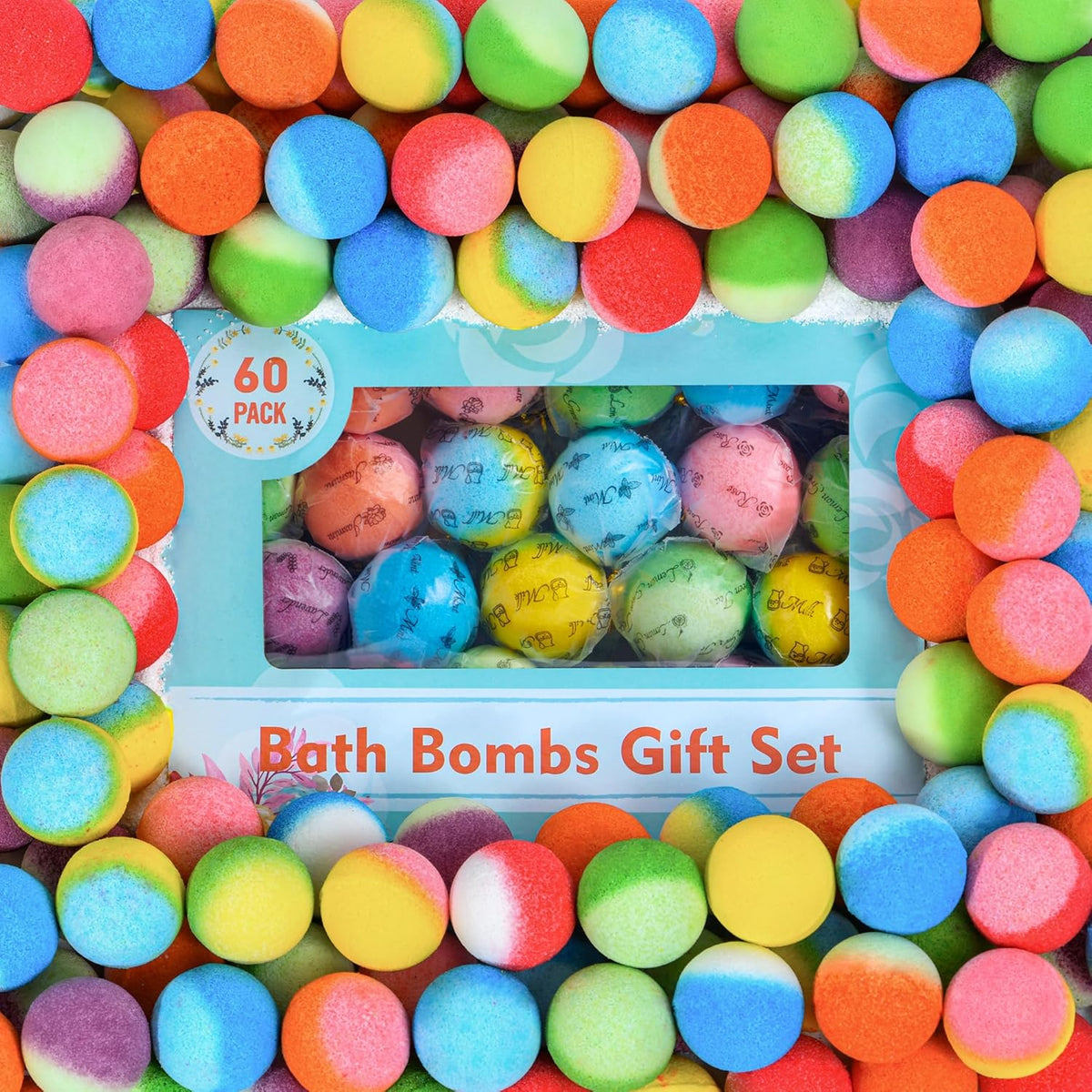 PickMora 60 Pack Bath Bombs Gift Set front view showing colorful packaged balls