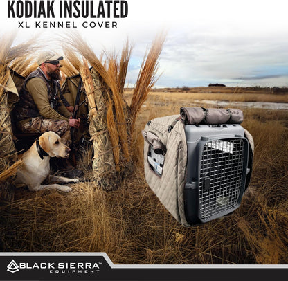 Weather resistant dog kennel cover installed on an outdoor travel crate setup