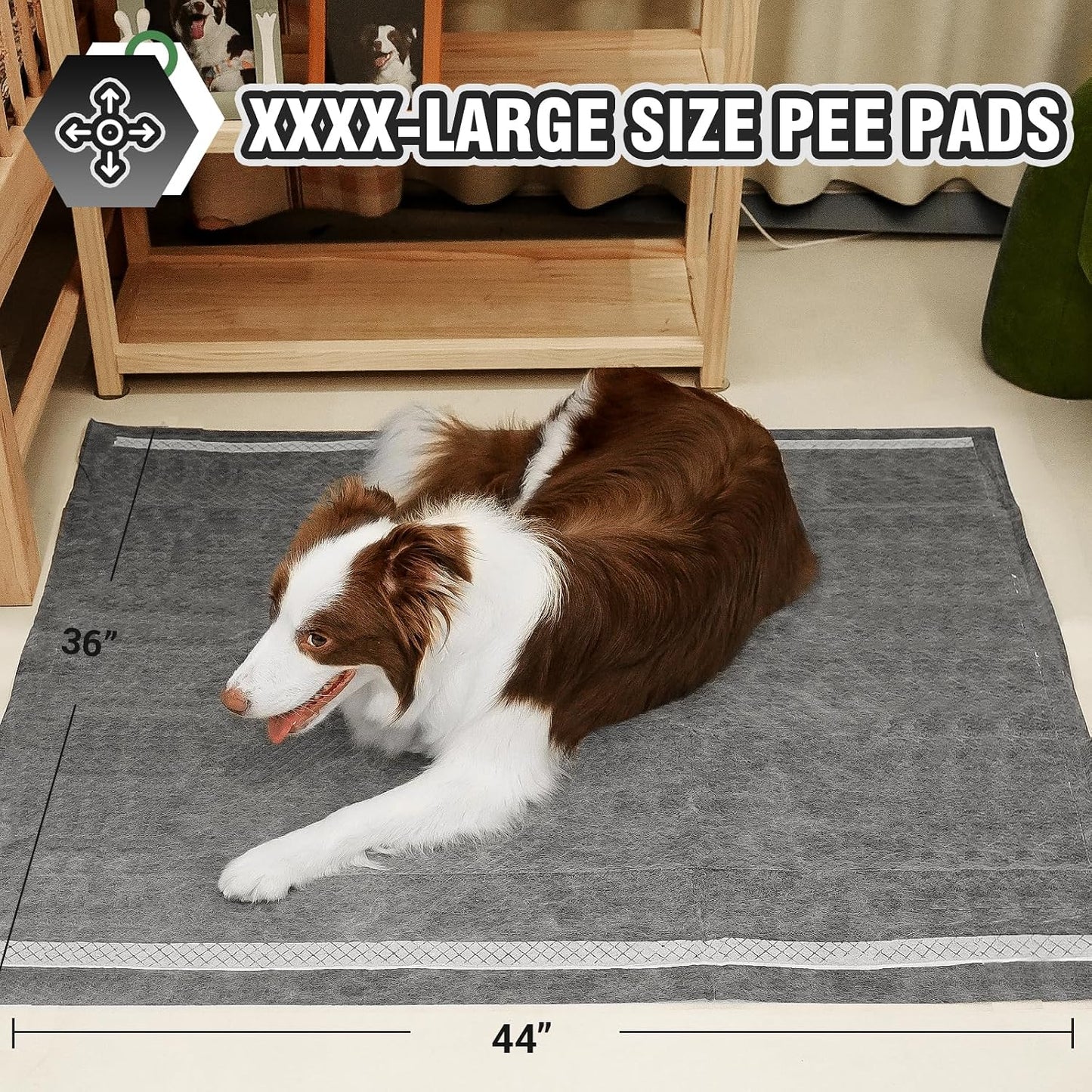 IMMCUTE jumbo size dog training pads laying flat on a living room floor