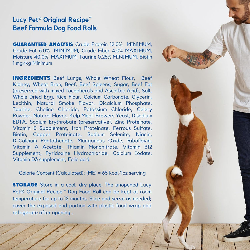 Sliced Lucy Pet Products beef dog food roll serving suggestion