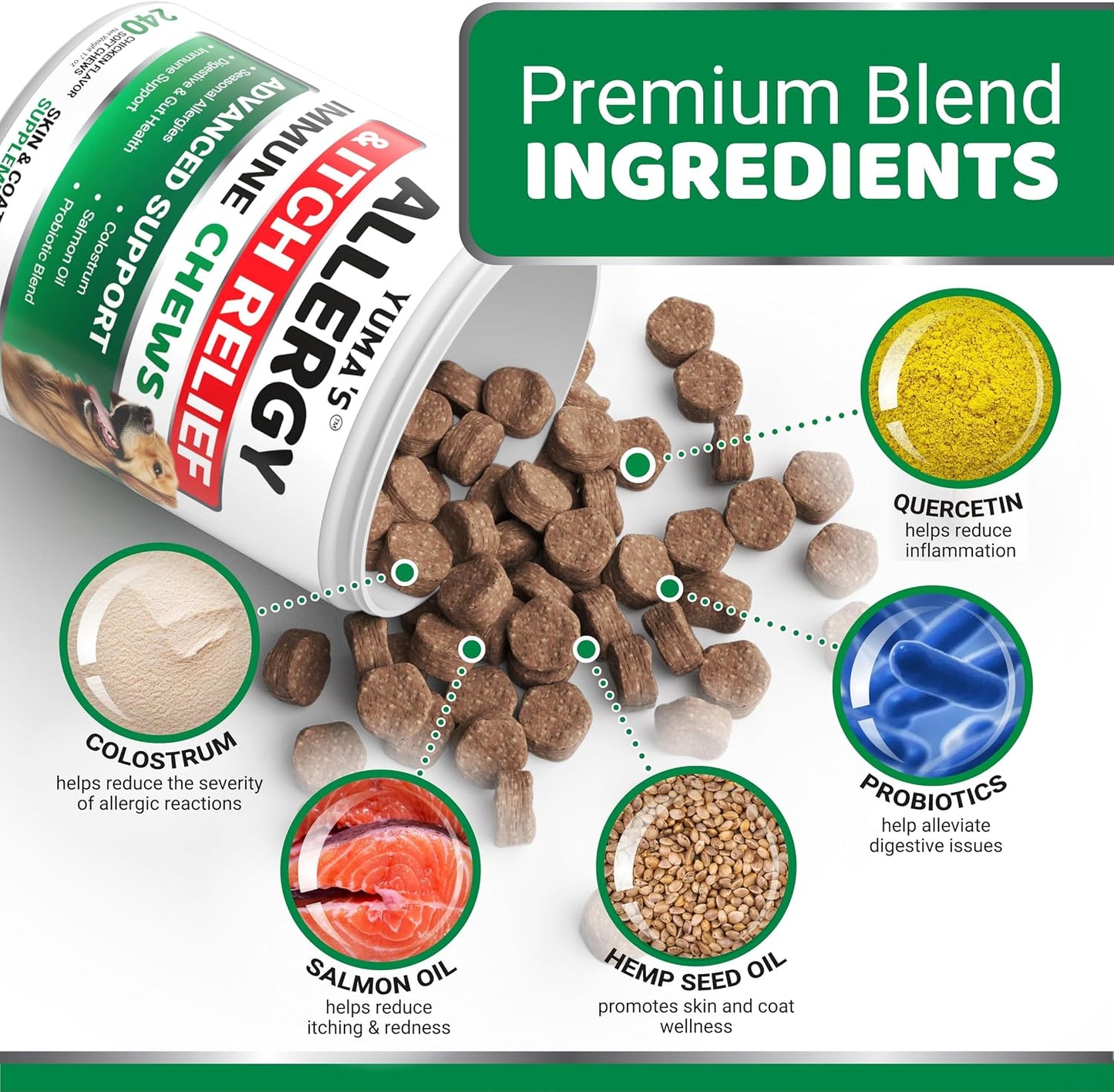 Premium omega three salmon oil immune treats for dogs suffering from dry skin and hot spots.