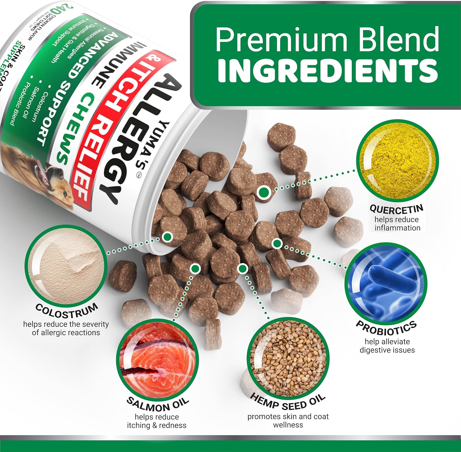 Premium omega three salmon oil immune treats for dogs suffering from dry skin and hot spots.