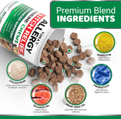 Premium omega three salmon oil immune treats for dogs suffering from dry skin and hot spots.