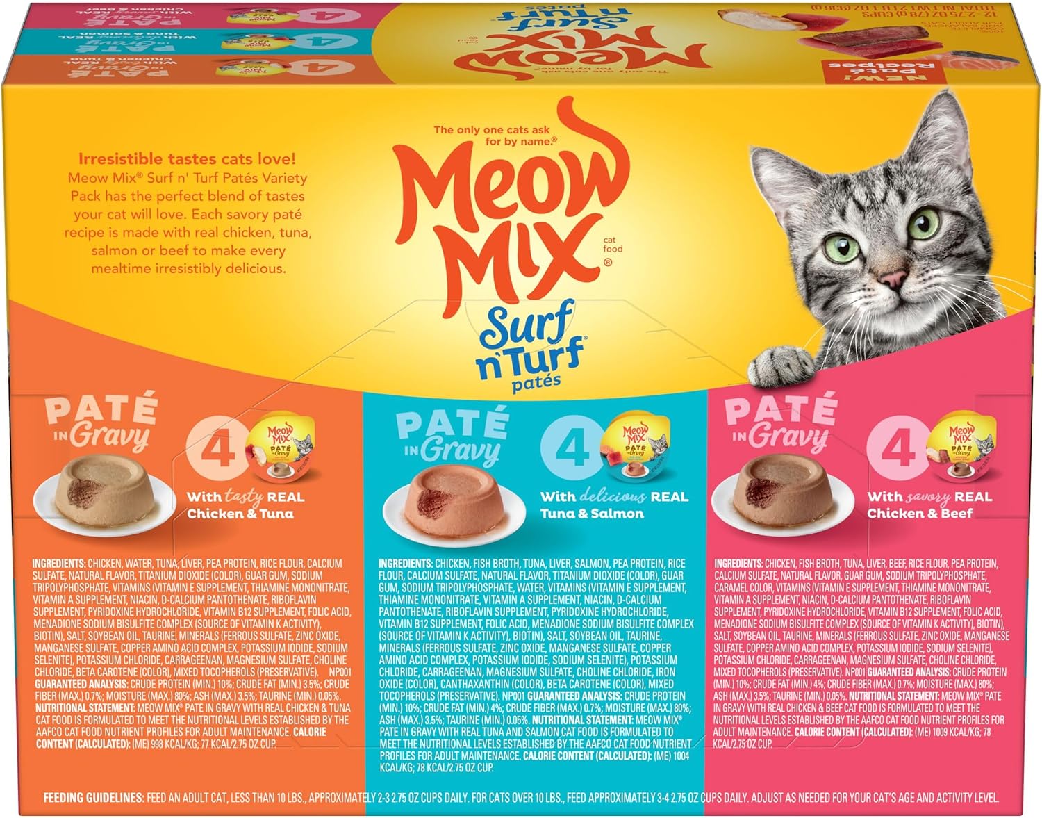 Meow Mix adult cat food variety pack with flavor labels