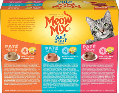 Meow Mix adult cat food variety pack with flavor labels
