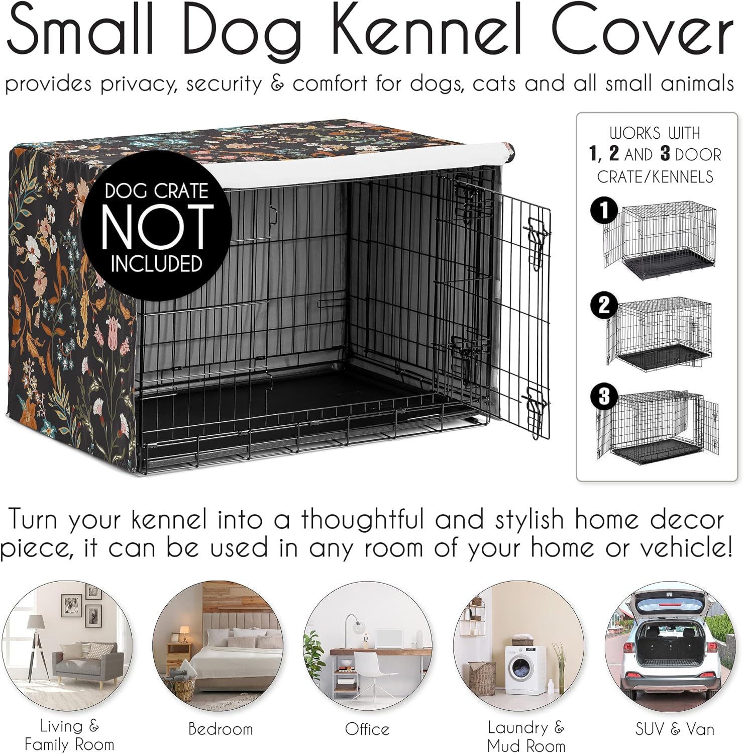 Side view of floral boho dog cage cover by Sweet Jojo Designs