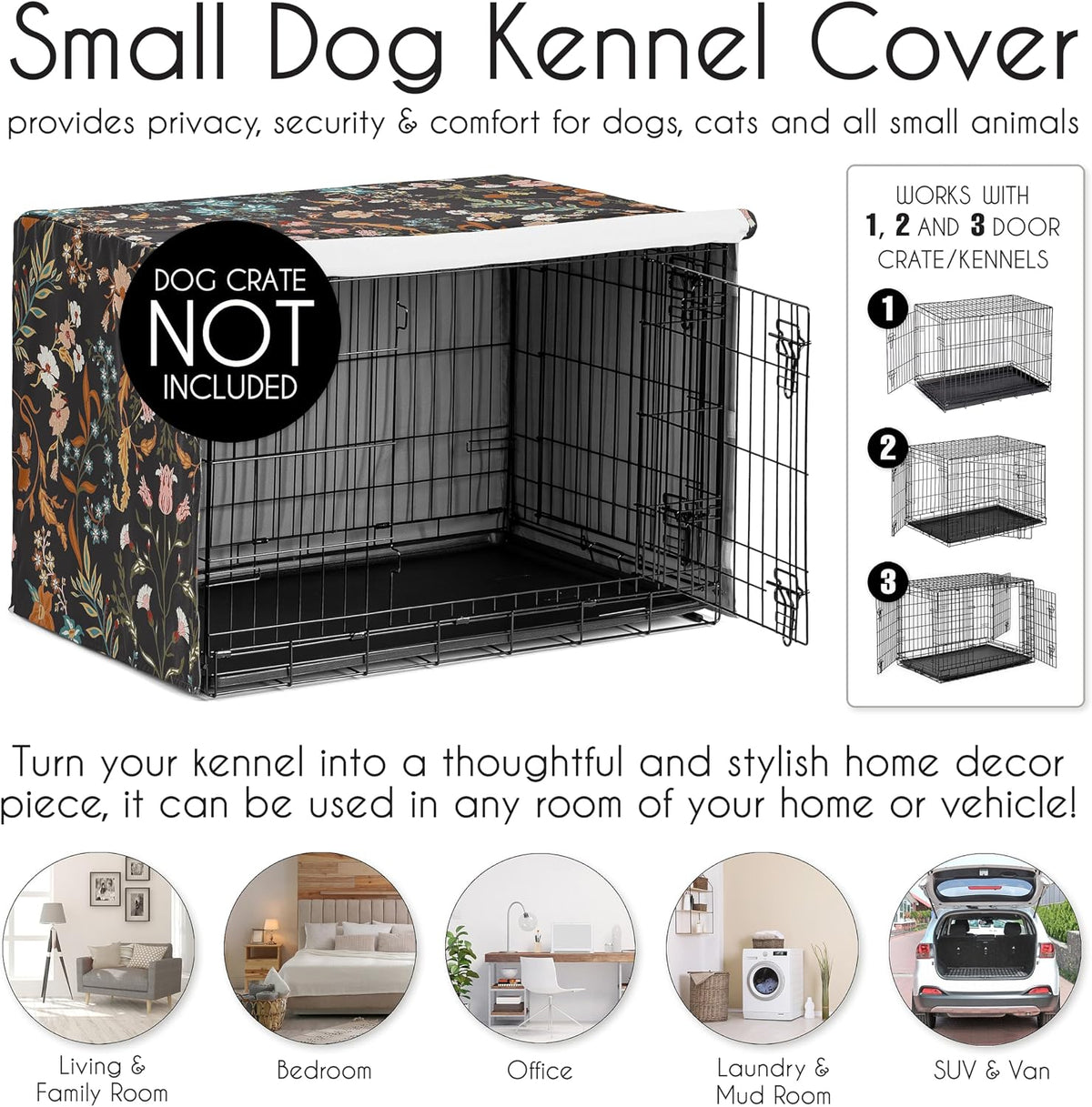 Side view of floral boho dog cage cover by Sweet Jojo Designs