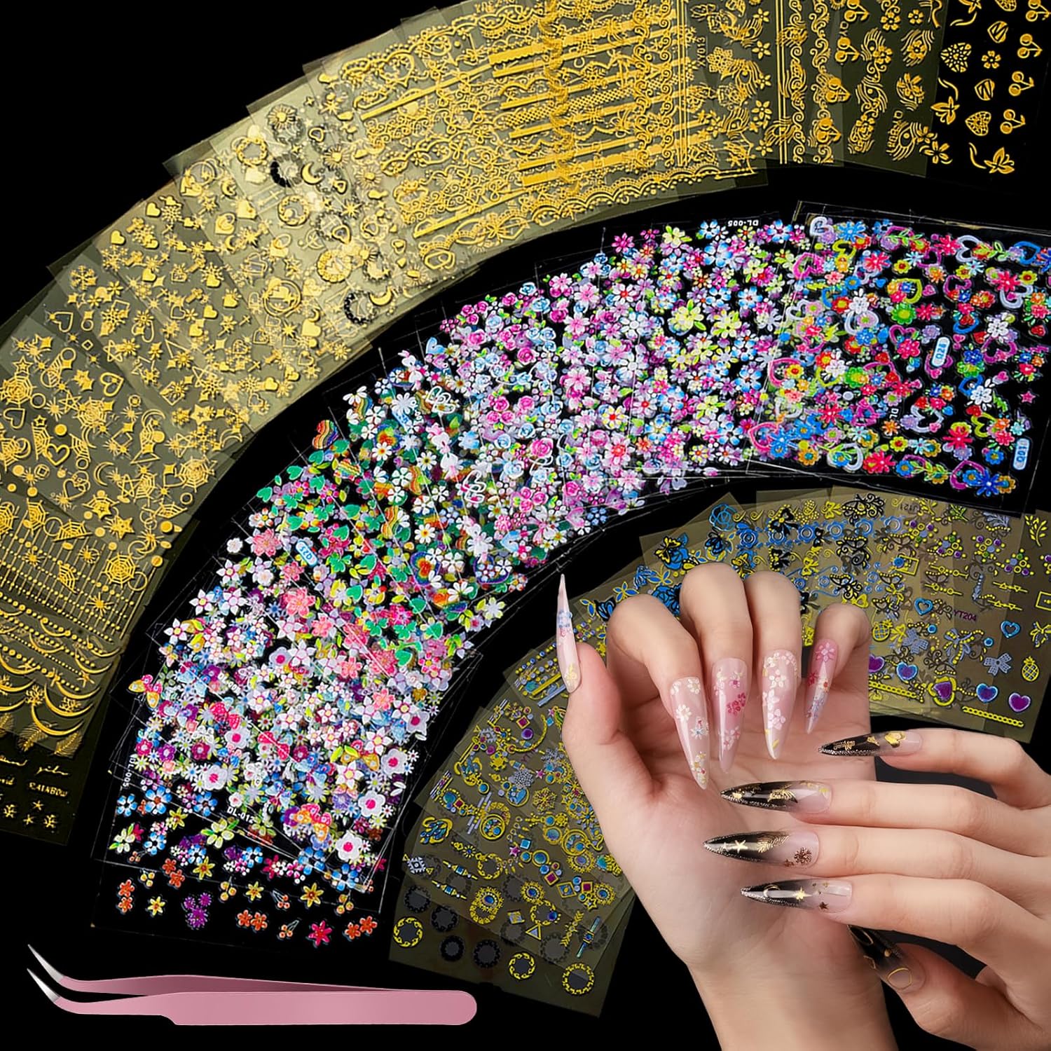 Teenitor 50 Sheets Nail Art Stickers front view of complete package packaging with flower decals
