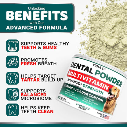 Yuma's dog breath freshener powder showing the sixty scoops nutritional label details