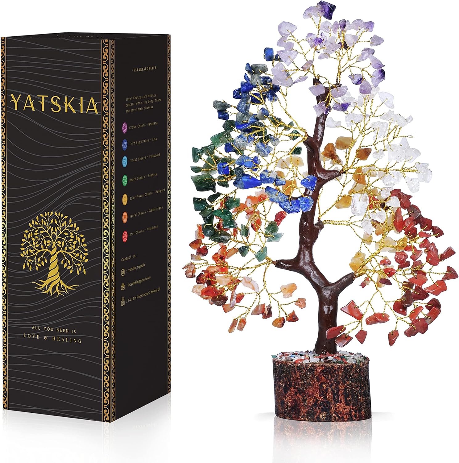 YATSKIA 7 Chakra Tree of Life front view showing multicolored gemstones and golden wire.
