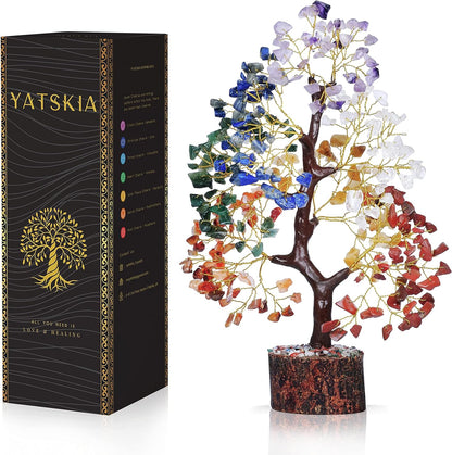 YATSKIA 7 Chakra Tree of Life front view showing multicolored gemstones and golden wire.