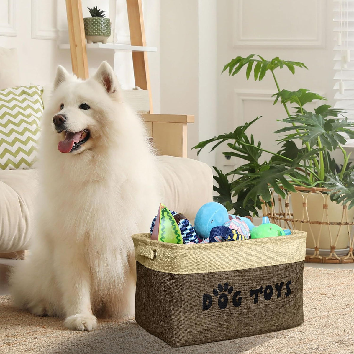 Pet Artist storage basket filled with various dog toys