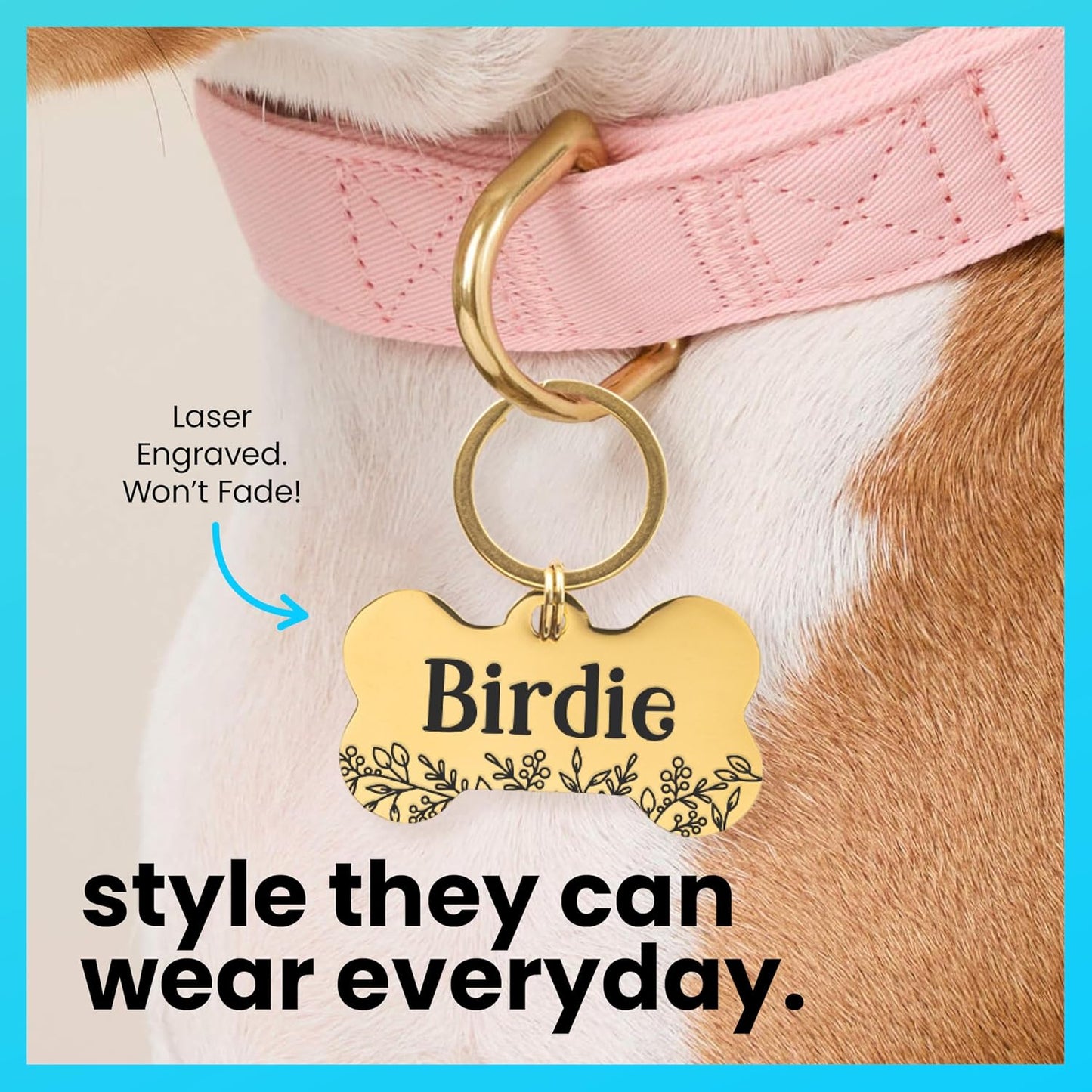 ExcelMark premium gold round pet safety tag attached to a dog collar