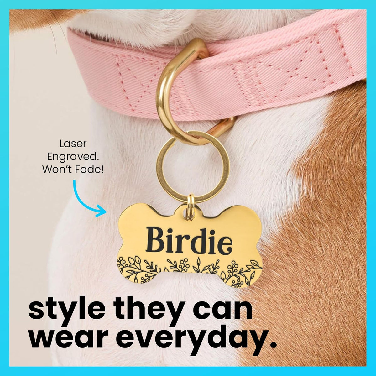 ExcelMark premium gold round pet safety tag attached to a dog collar