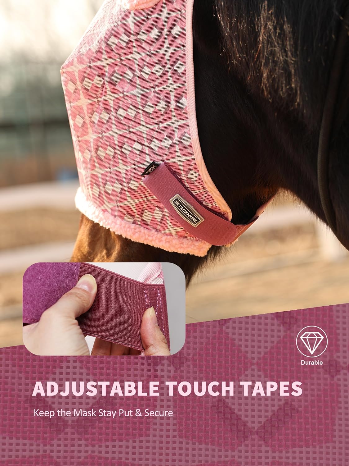 Close up of Tackmore horse mask structured eye mesh