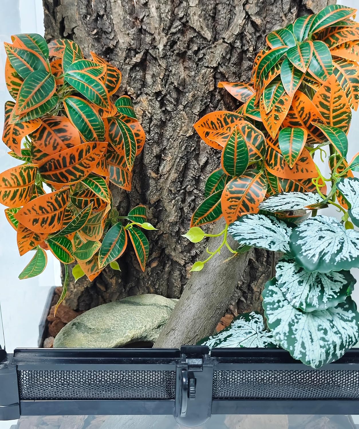 Reptile enclosure setup with artificial green vines