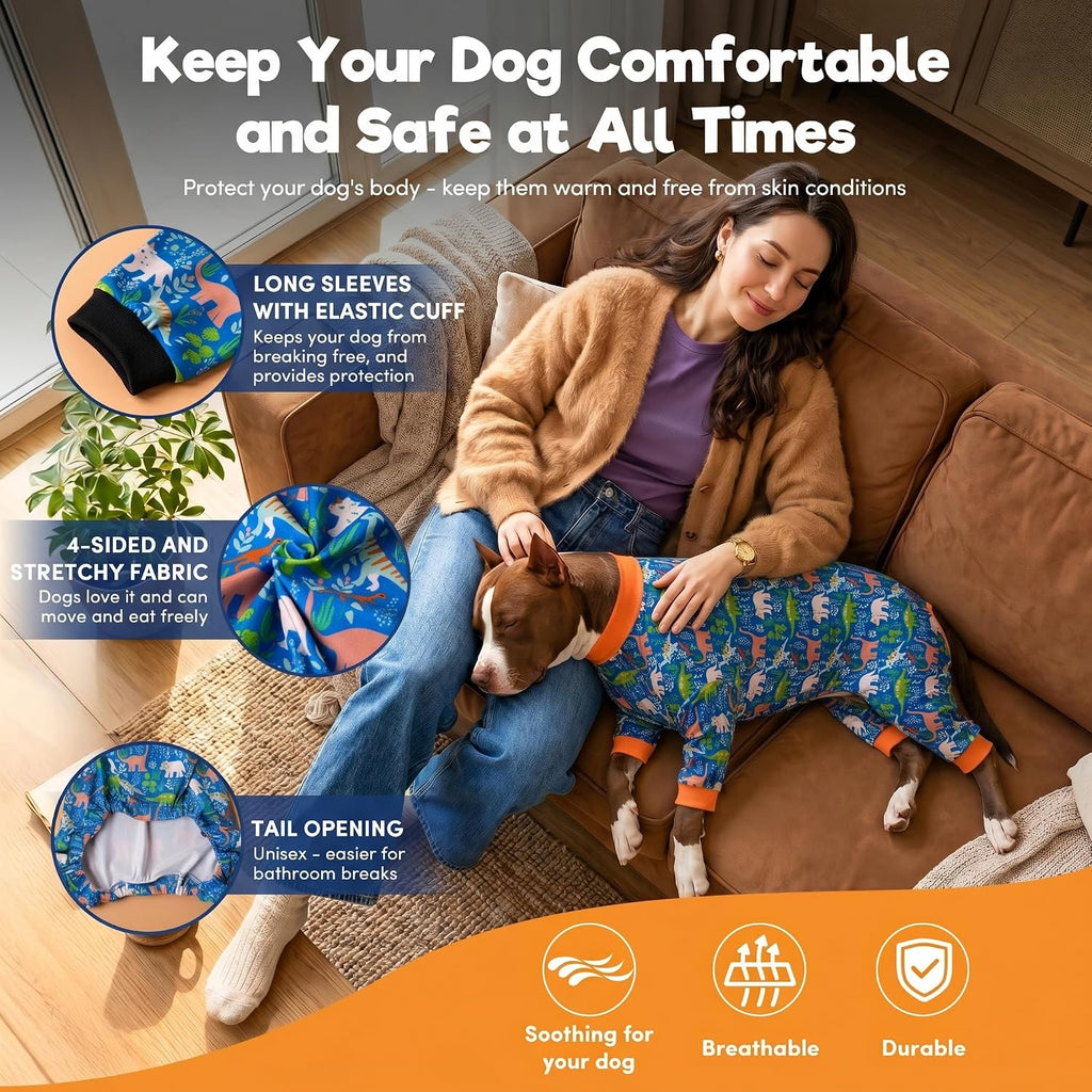 LovinPet wound care dog jammies with orange ribbed cuffs detail