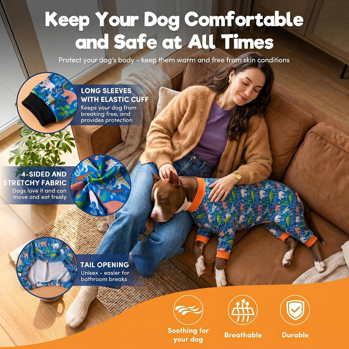 LovinPet wound care dog jammies with orange ribbed cuffs detail