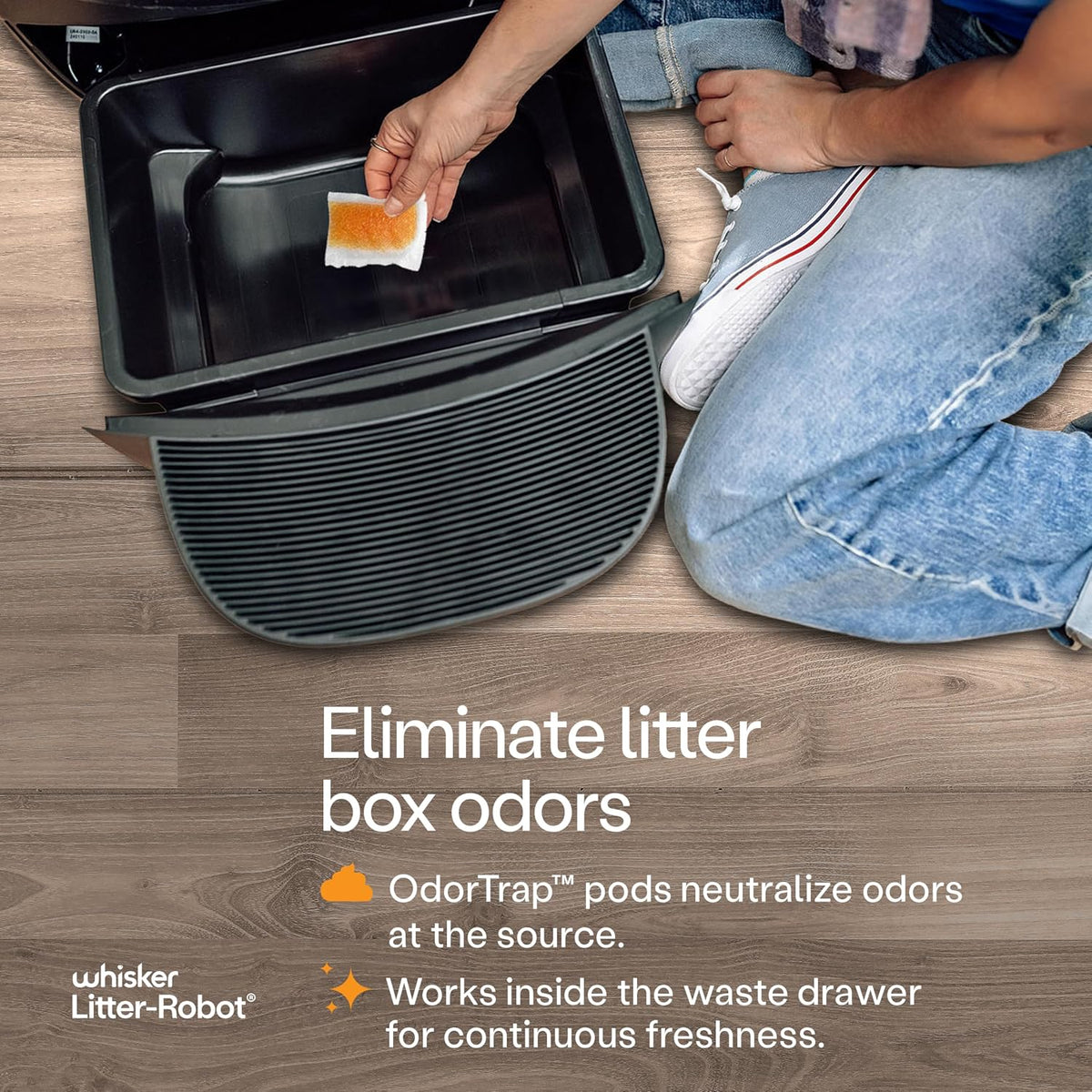 Close up view of the plant based cat litter box deodorizer refills highlighting the chemical free formula.