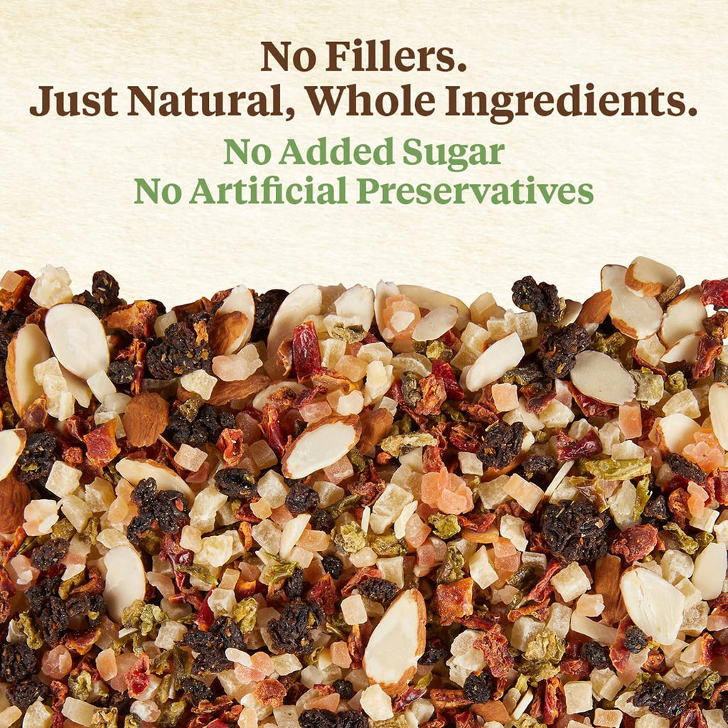 Close up of Kaytee natural bird snack fruit and nut ingredients