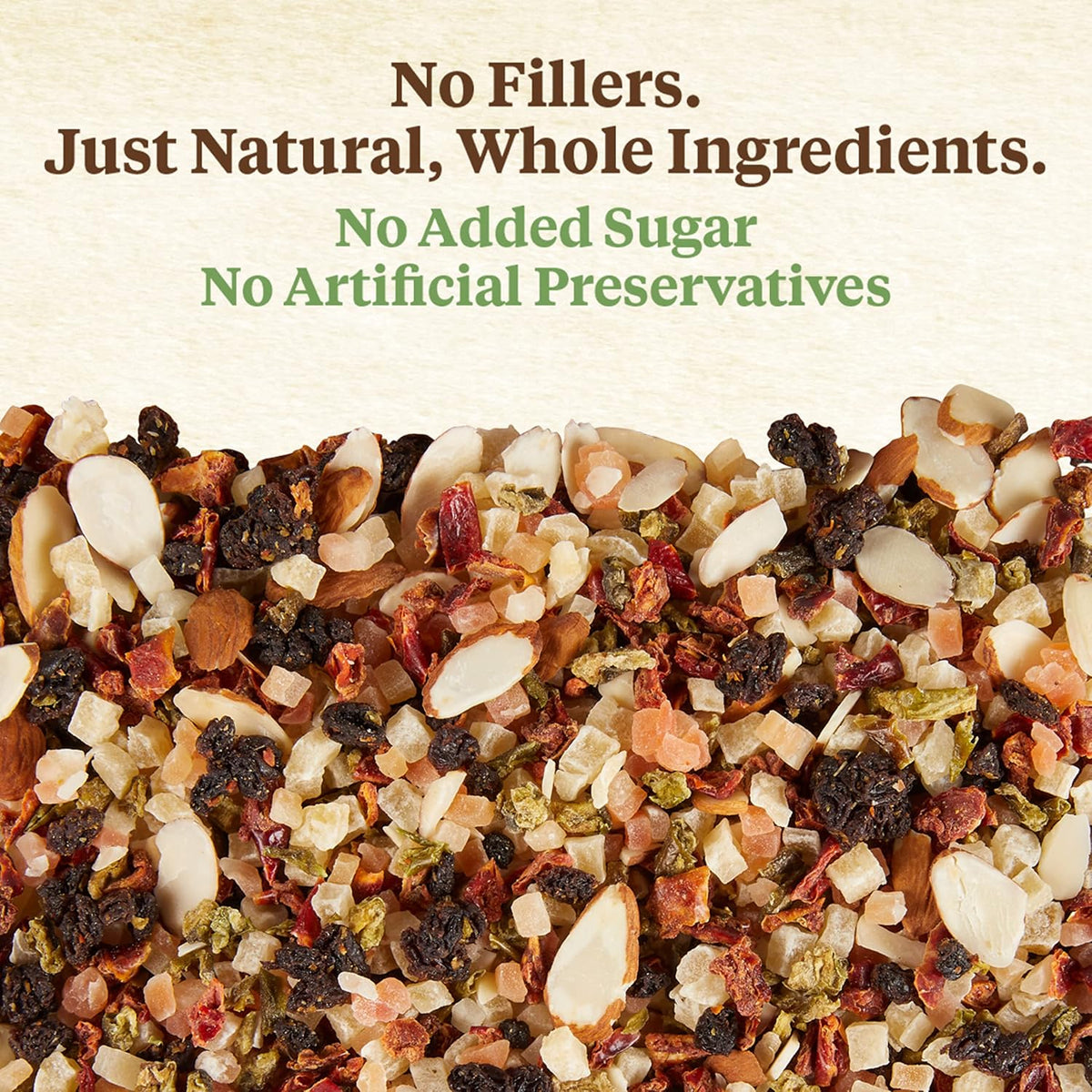 Close up of Kaytee natural bird snack fruit and nut ingredients
