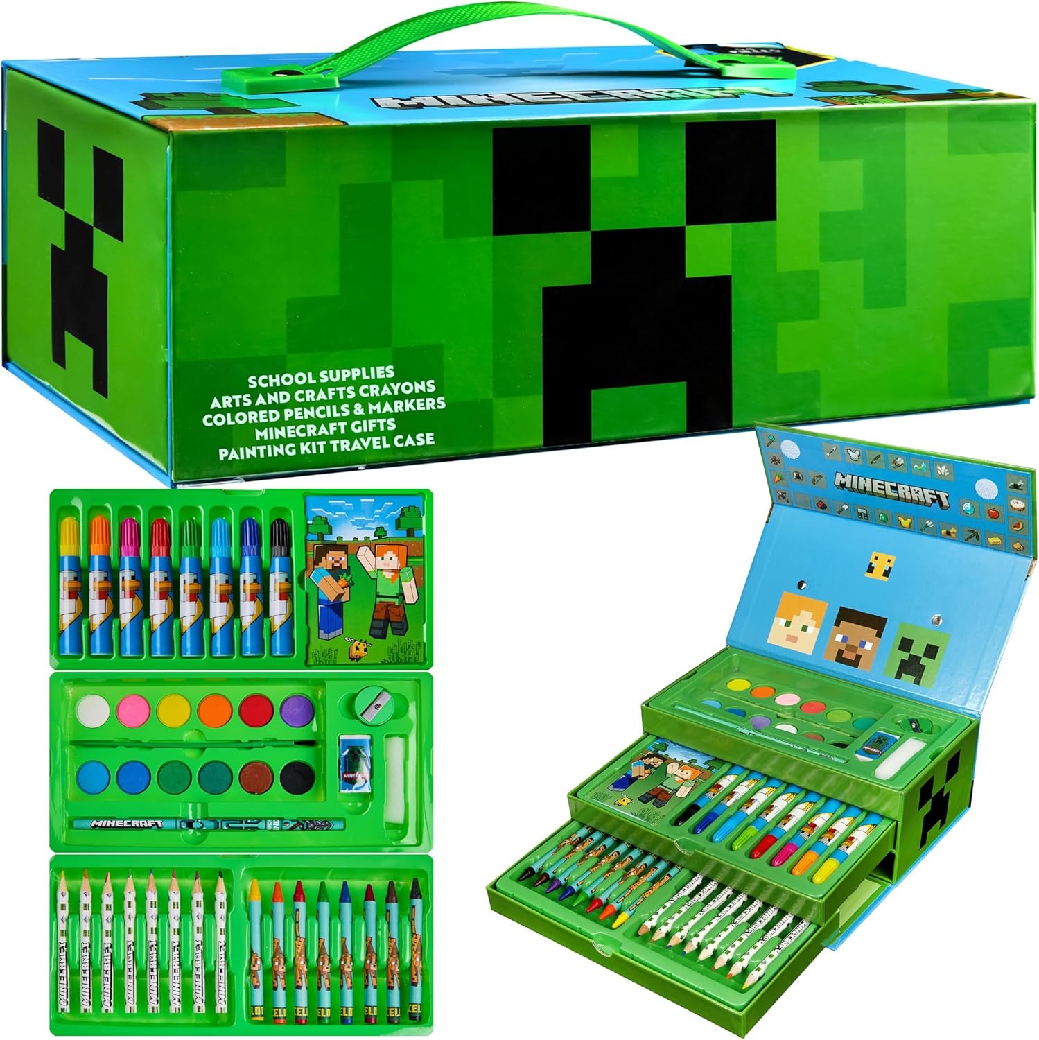 Minecraft Childrens Art Case front view showing Creeper graphics and three tier storage layout