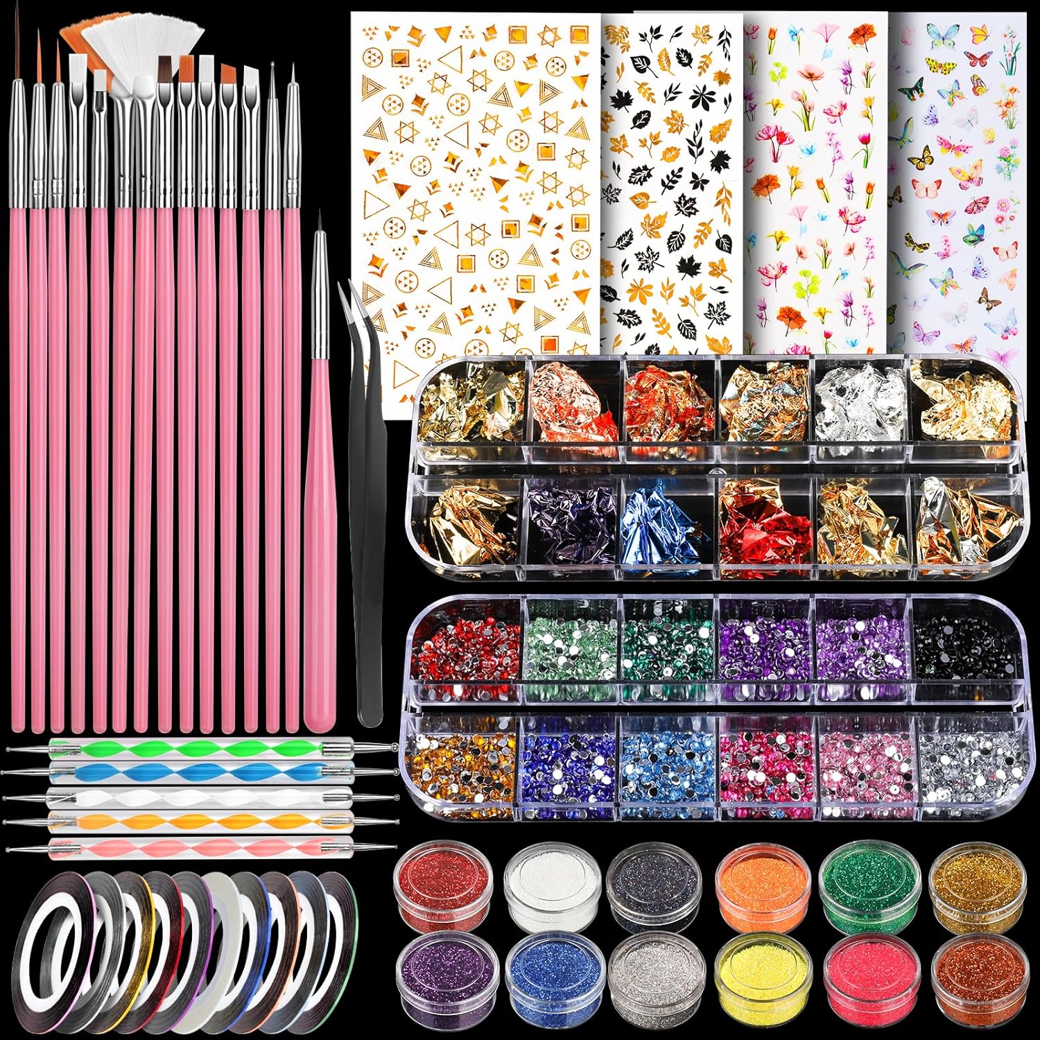 Teenitor nail art brushes and tools kit showing pink handles and full accessories collection front view