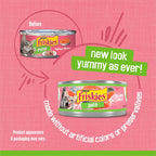 Case of twenty-four Purina Friskies salmon paté cat food cans stacked together