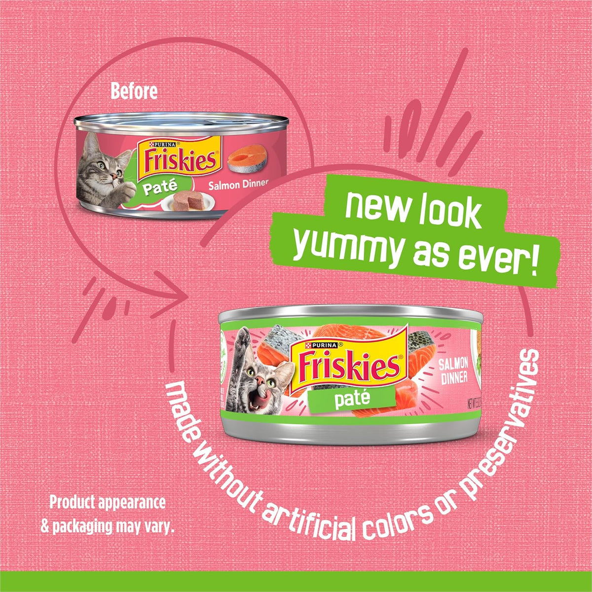 Case of twenty-four Purina Friskies salmon paté cat food cans stacked together