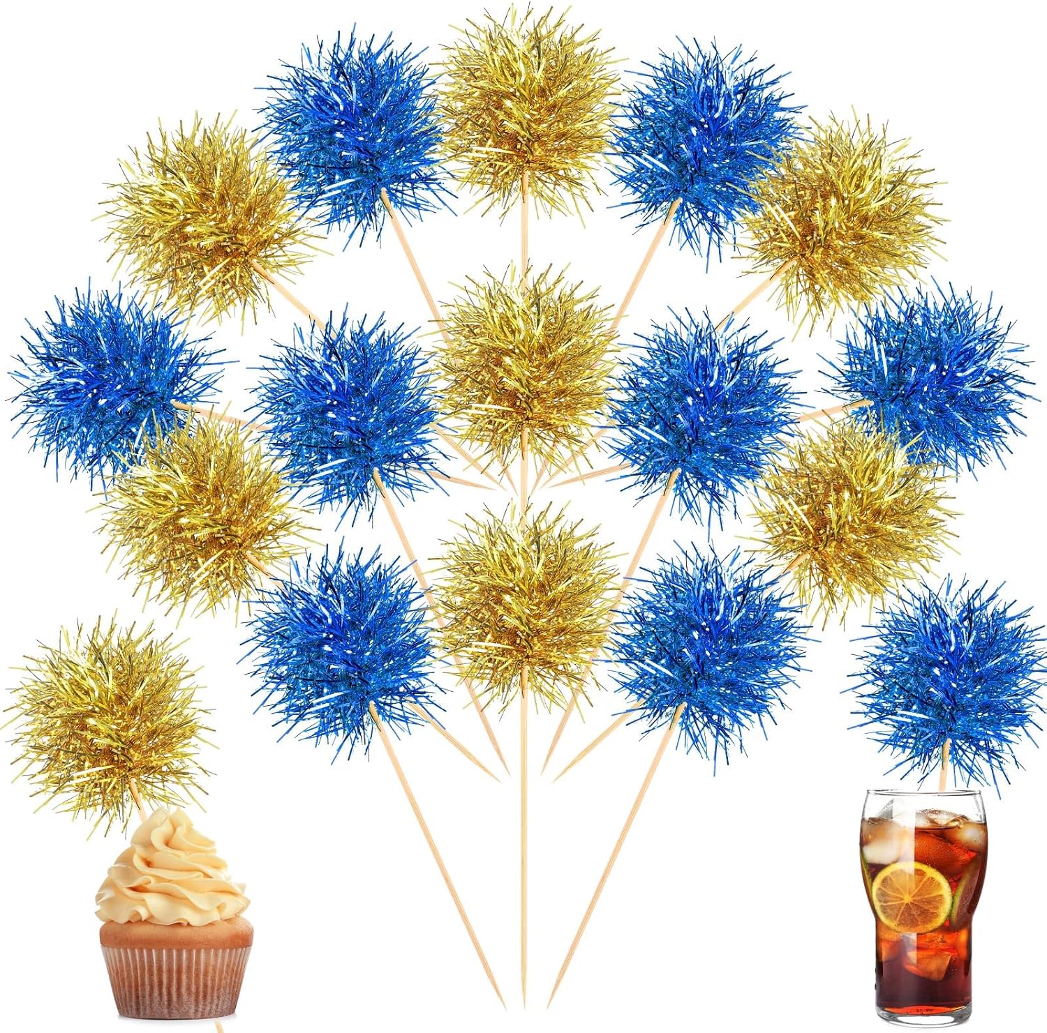 Chinco foil firework cupcake toppers in blue and gold colors front view