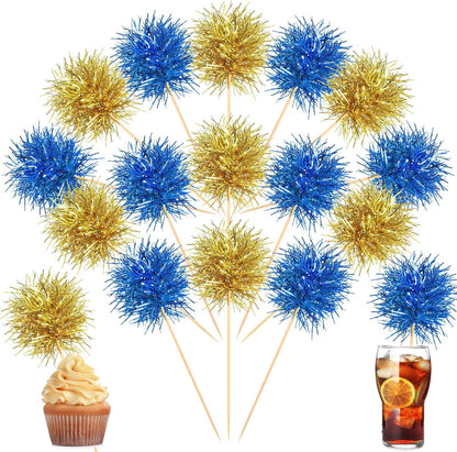 Chinco foil firework cupcake toppers in blue and gold colors front view