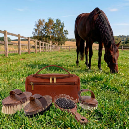 Close up view of the authentic Masiel Spark equestrian gift set with luxury packaging.