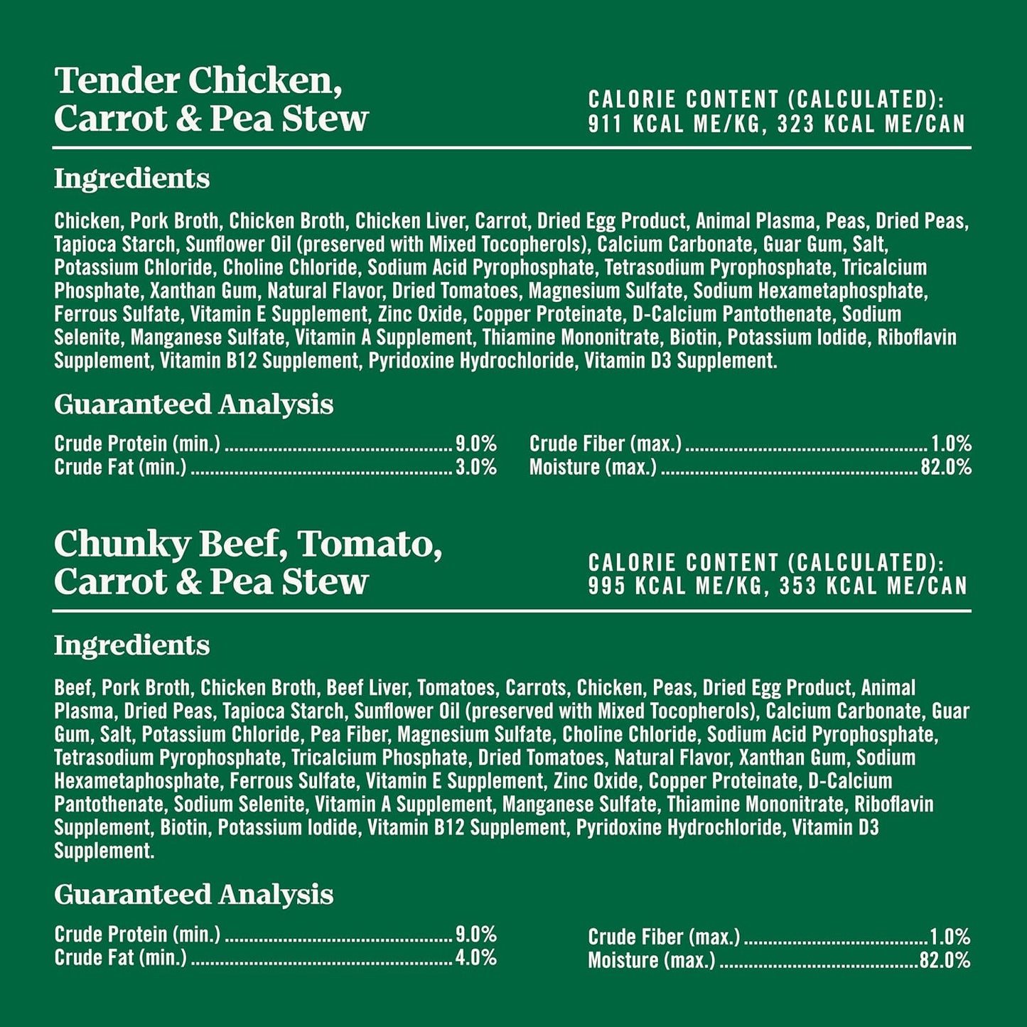 Grain free chicken carrot and pea stew can nutritional facts label
