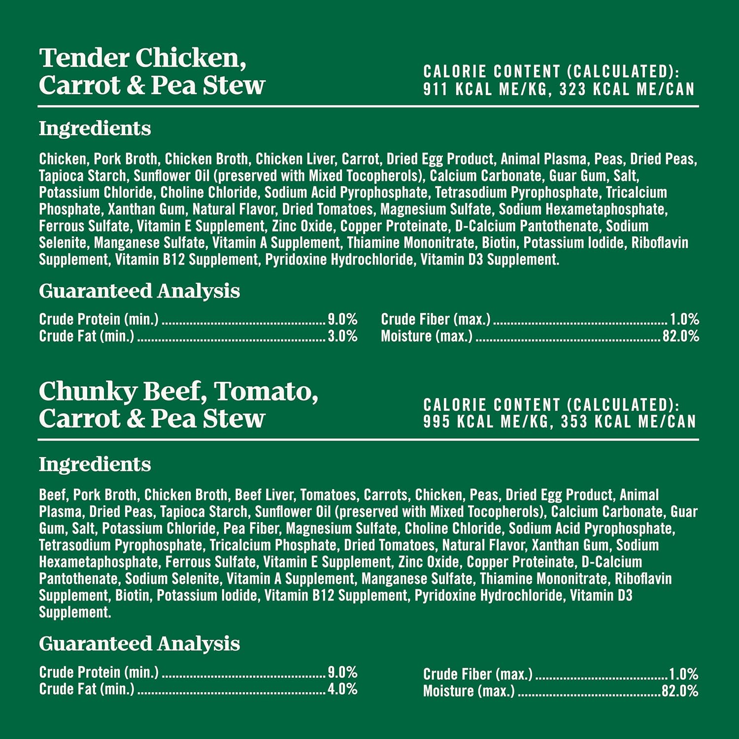 Grain free chicken carrot and pea stew can nutritional facts label