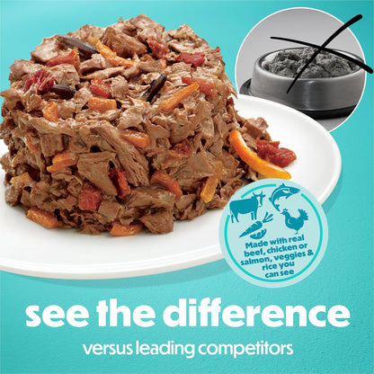 Purina Beneful small breed wet food cans featuring real beef chicken and salmon recipes with gravy.