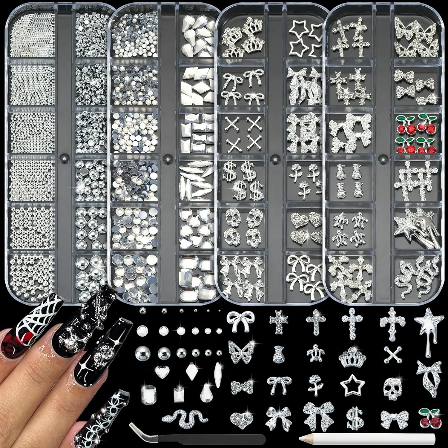 Opmadm 4 boxes silver nail charms and gems front view