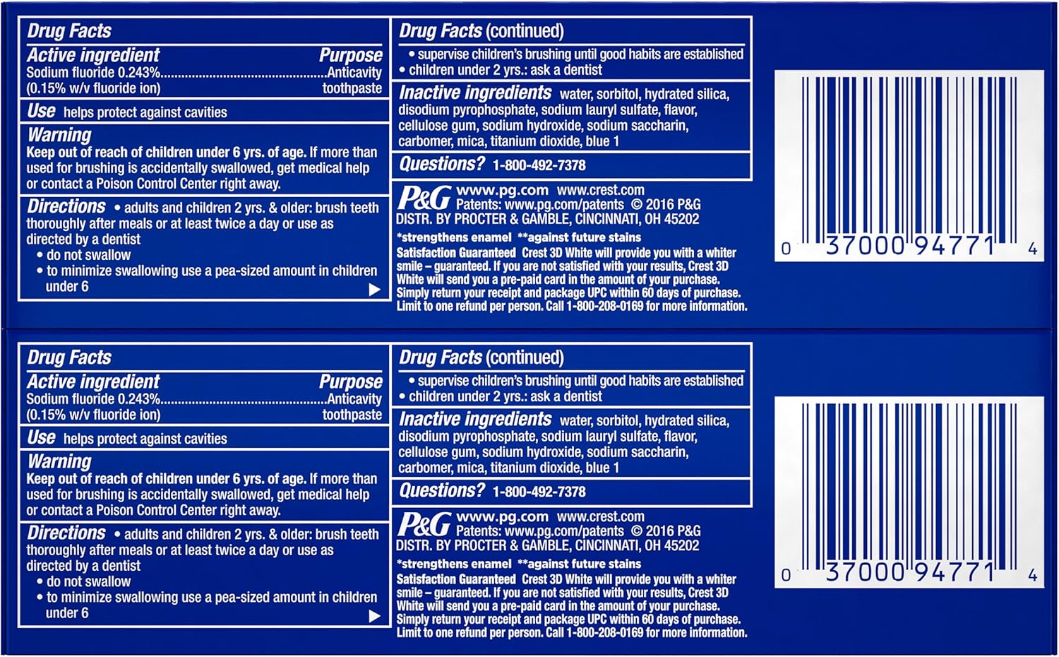 Authentic Crest 3D White imported toothpaste tubes showing active fluoride information