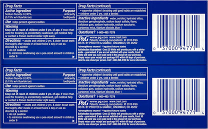 Authentic Crest 3D White imported toothpaste tubes showing active fluoride information