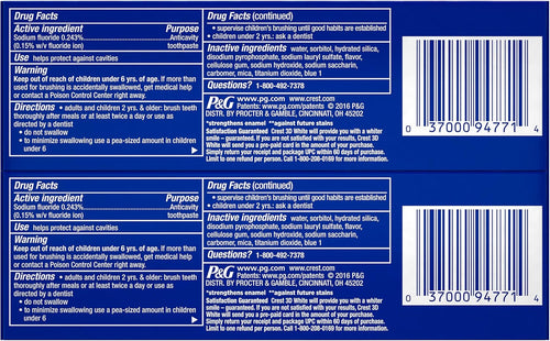 Authentic Crest 3D White imported toothpaste tubes showing active fluoride information