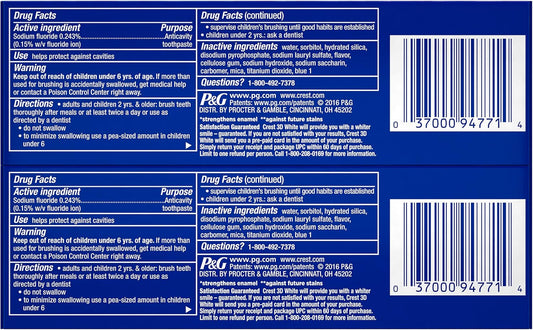 Authentic Crest 3D White imported toothpaste tubes showing active fluoride information