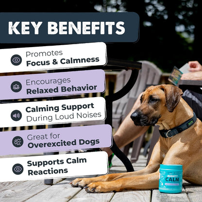 Mighty Paw Waggables Calm dog treats packaging displaying melatonin and chamomile ingredients