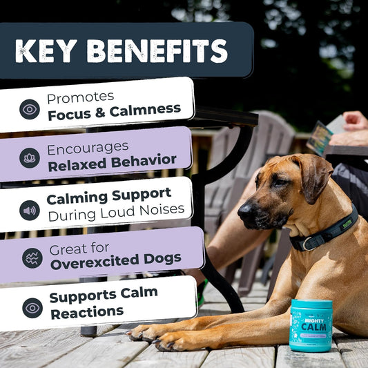 Mighty Paw Waggables Calm dog treats packaging displaying melatonin and chamomile ingredients