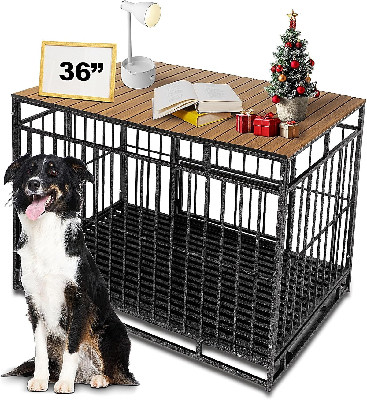 Petmystify dog crate topper front view showing premium walnut wood grain finish on 36 inch kennel