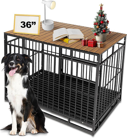 Petmystify dog crate topper front view showing premium walnut wood grain finish on 36 inch kennel