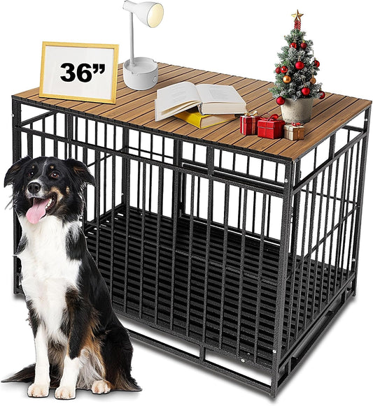 Petmystify dog crate topper front view showing premium walnut wood grain finish on 36 inch kennel