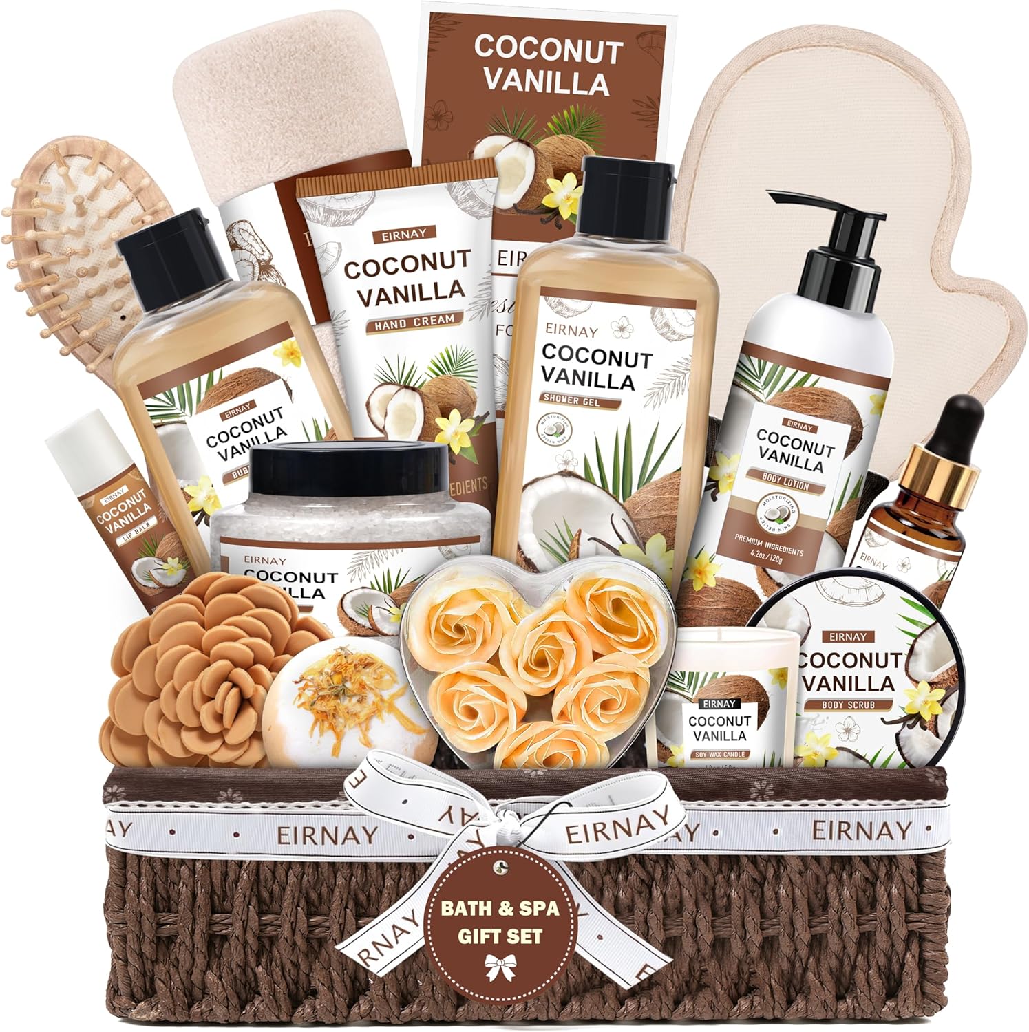 Eirnay Coconut Vanilla home spa pampering gift basket front view showcasing sixteen piece collection inside a decorative container.