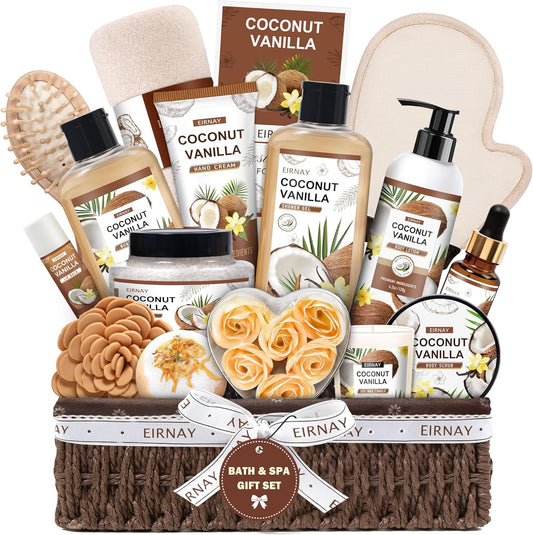 Eirnay Coconut Vanilla home spa pampering gift basket front view showcasing sixteen piece collection inside a decorative container.