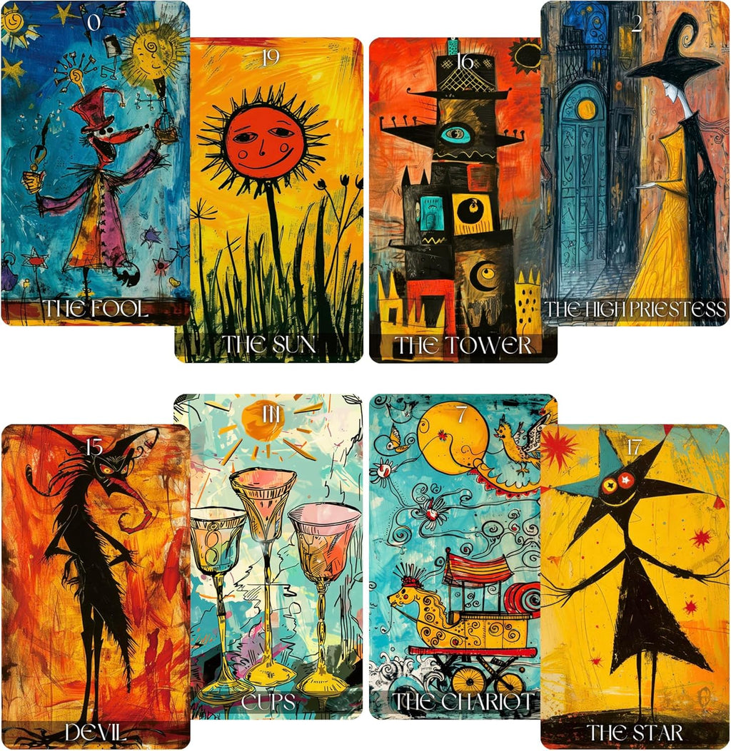 Qymagicz Graffiti Tarot Deck front view showcasing vibrant modern street art cartoon illustrations on seventy eight cards.