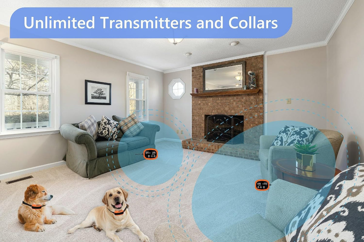 UltraCrab wireless pet gate transmitter showing the power button and correction level settings.